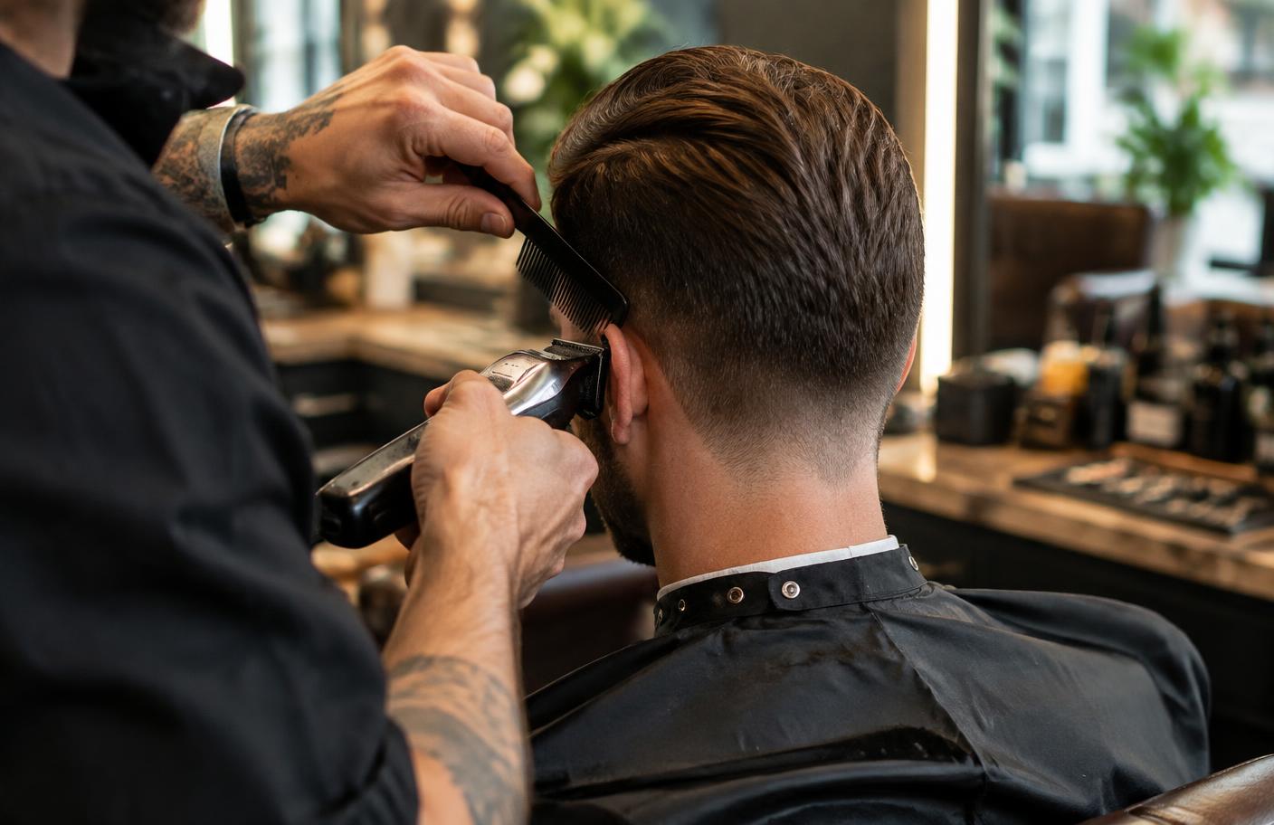 Barber shaping a clean haircut with clippers and comb