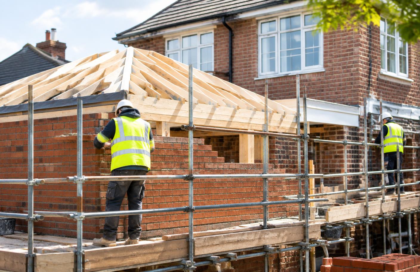 Builders constructing a brick home extension
