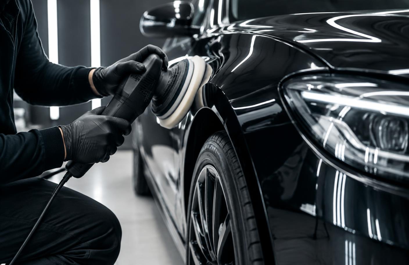 Car detailer machine-polishing a glossy vehicle
