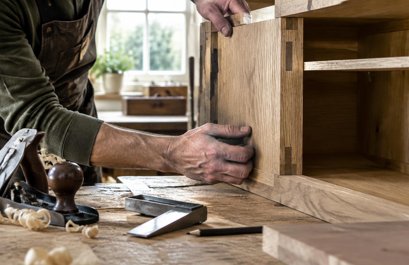 Carpenter fitting bespoke oak cabinetry