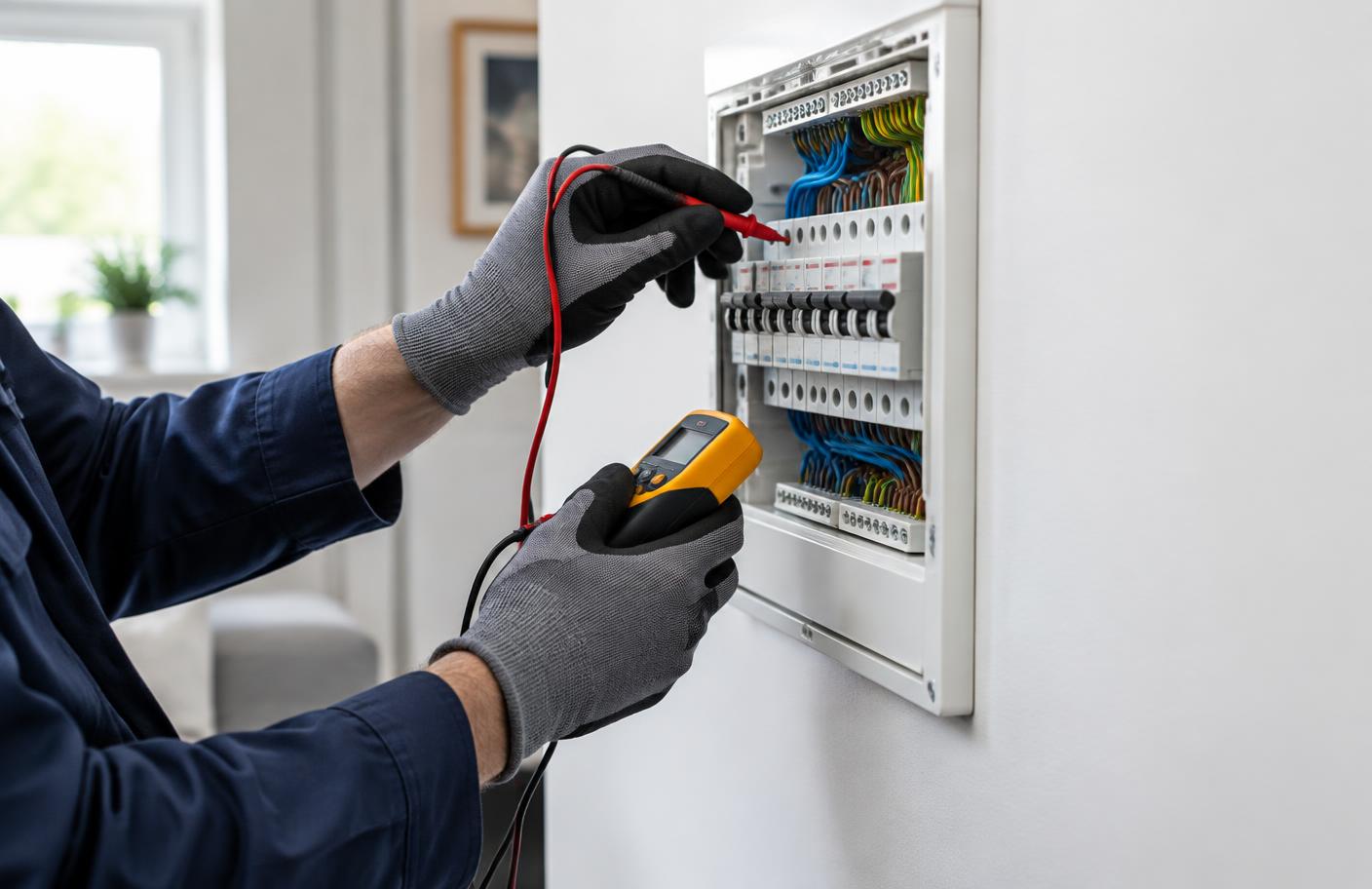 Electrician testing a modern consumer unit