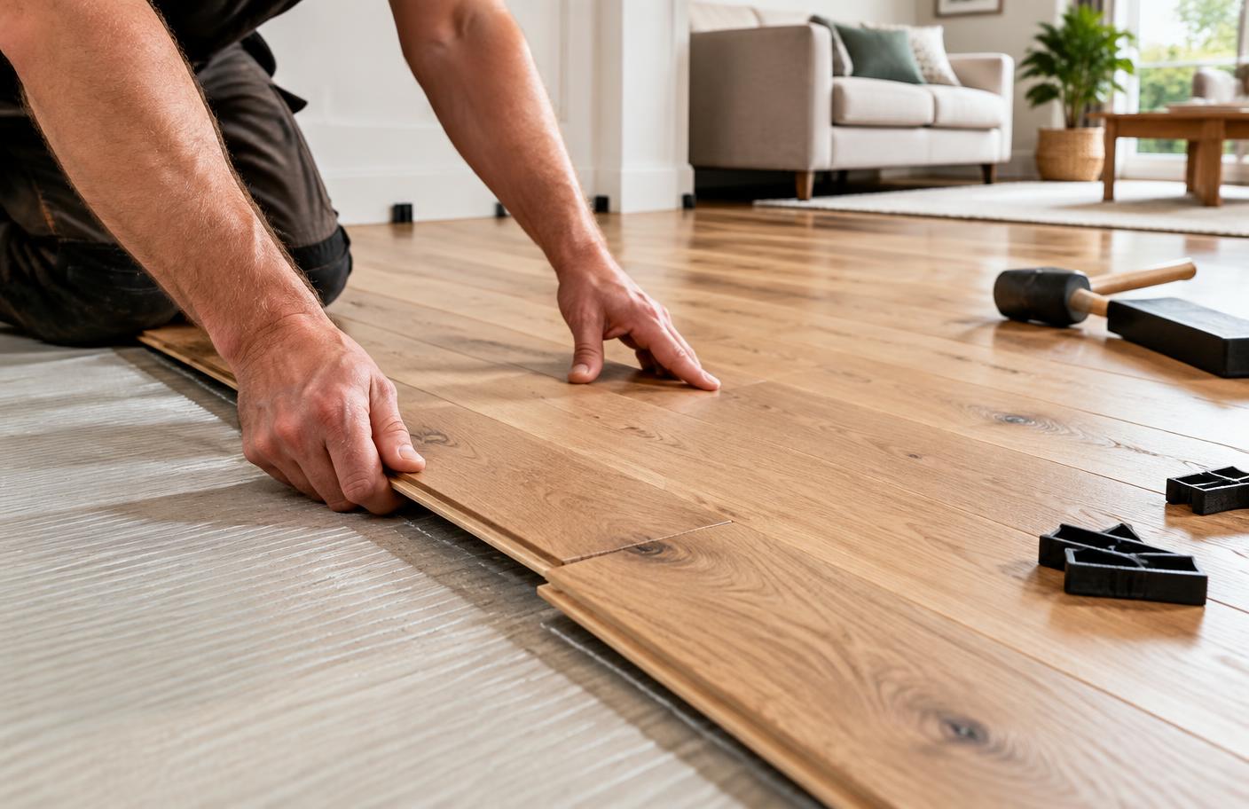 Flooring installer fitting engineered oak boards