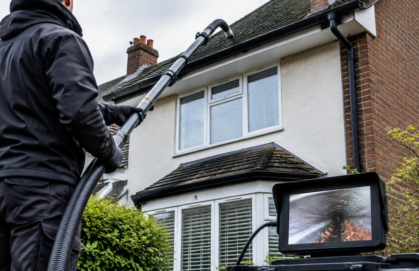 Gutter cleaner using a high-reach vacuum and inspection camera