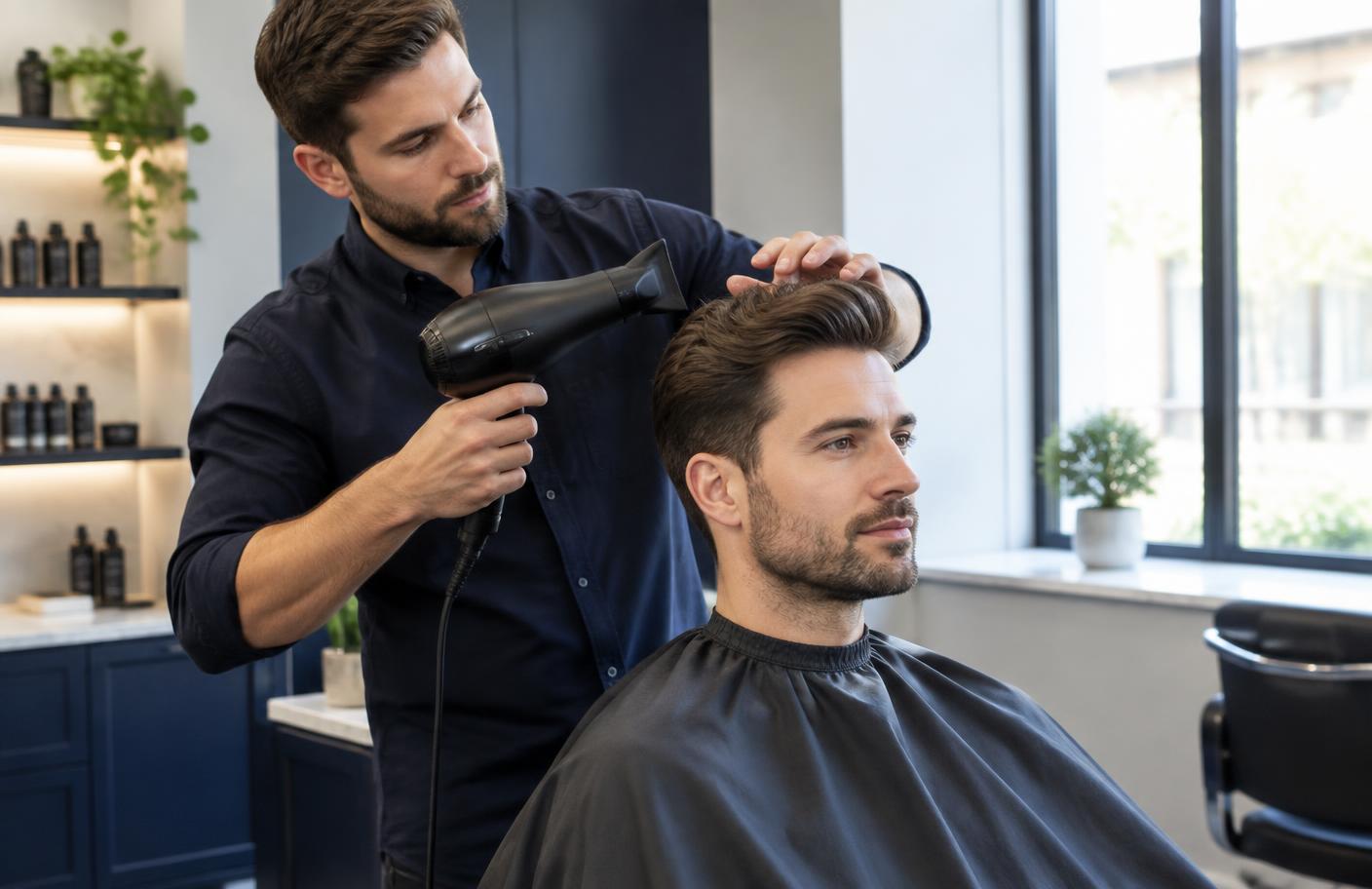 Hairdresser styling a polished salon finish