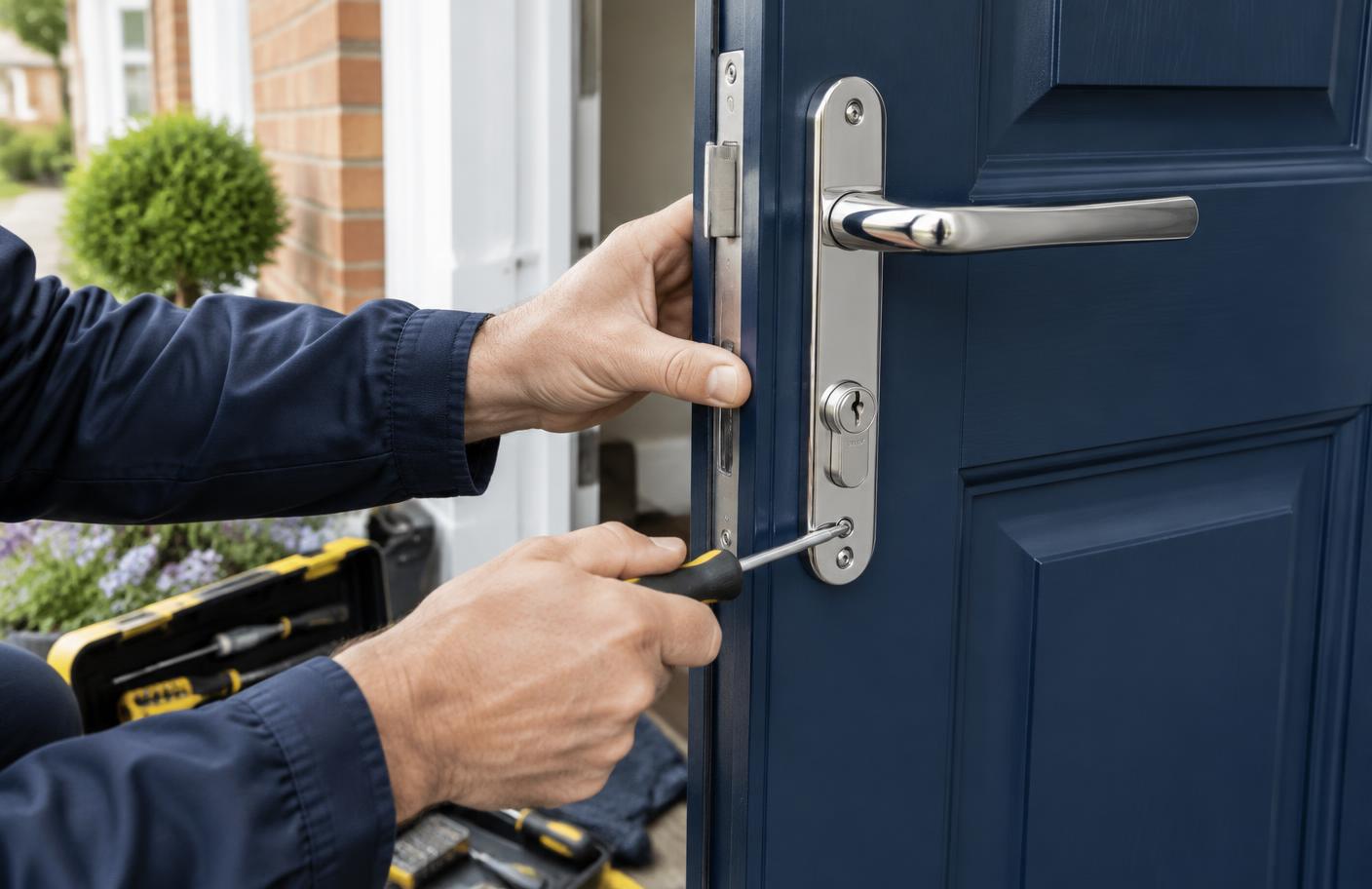 Locksmith fitting a secure lock and handle to a front door