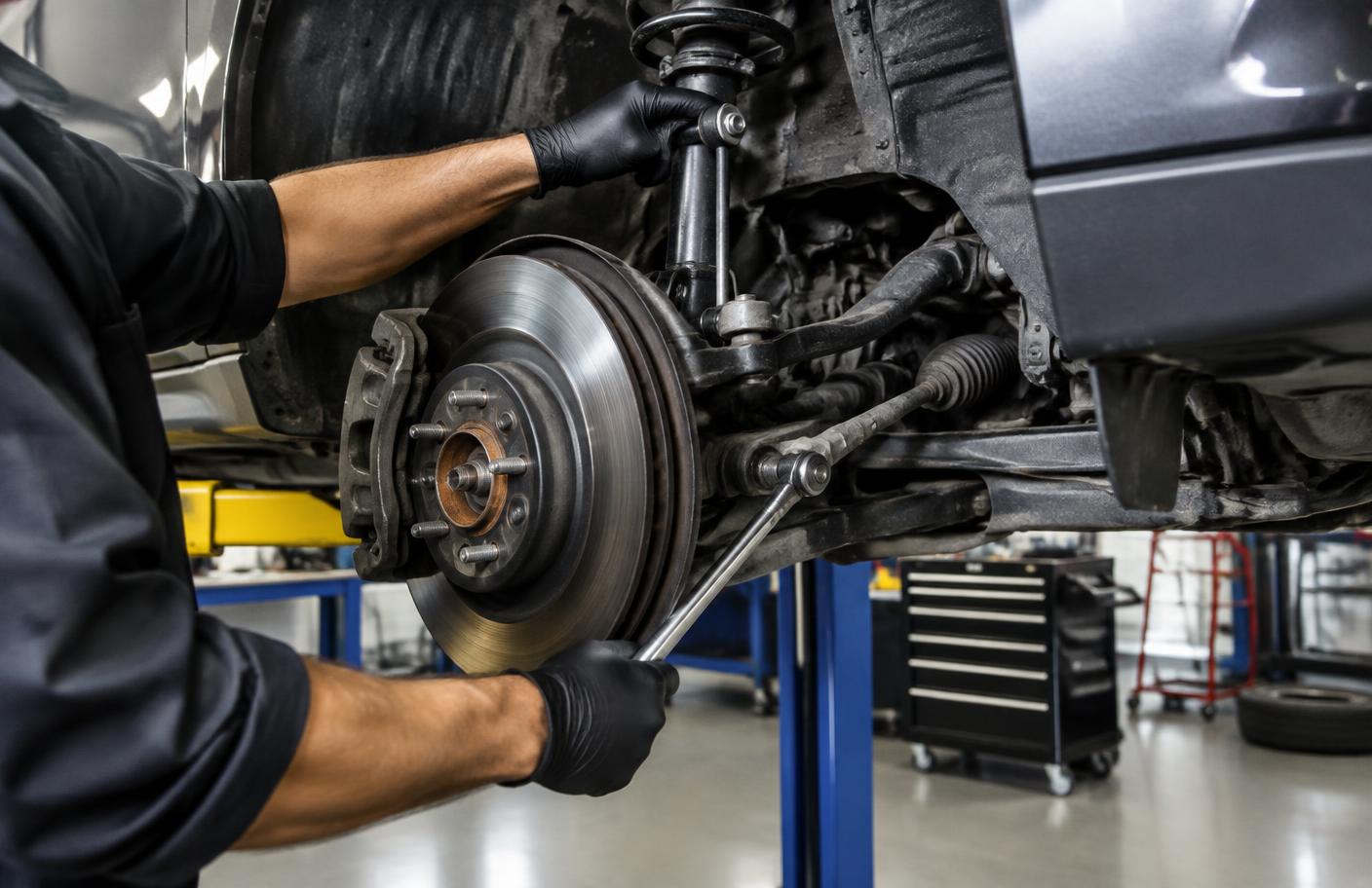 Independent mechanic servicing a car suspension and brake assembly