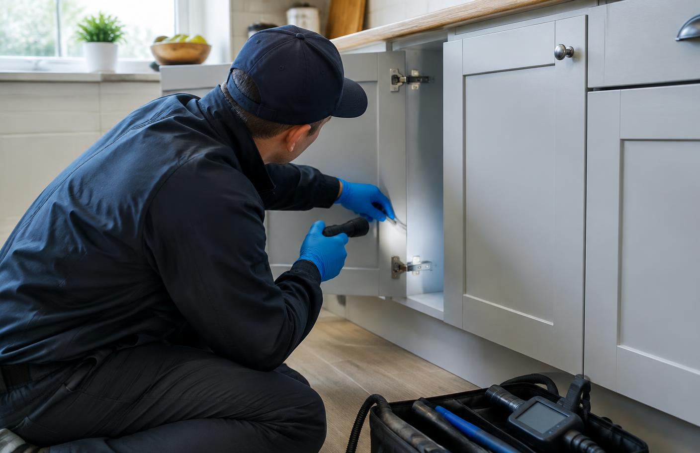 Pest control technician inspecting a kitchen cabinet
