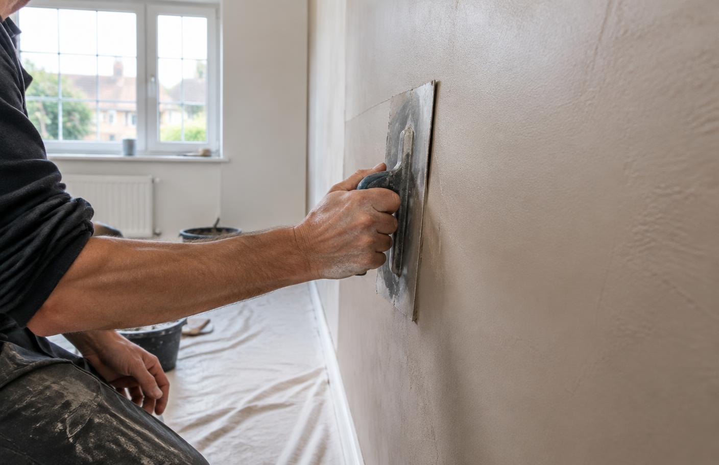 Plasterer smoothing a freshly plastered interior wall
