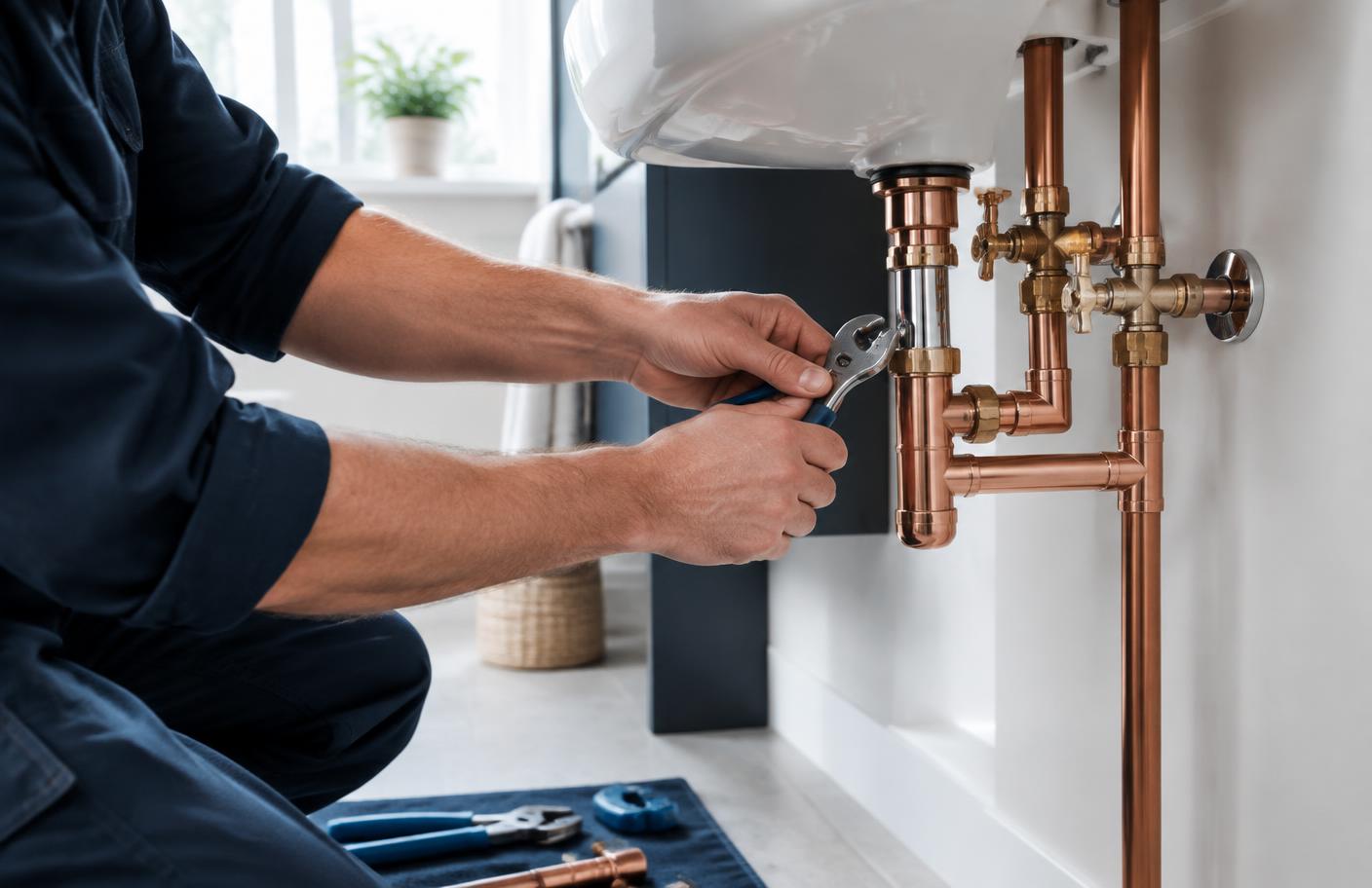 Plumber fitting copper pipework beneath a bathroom basin