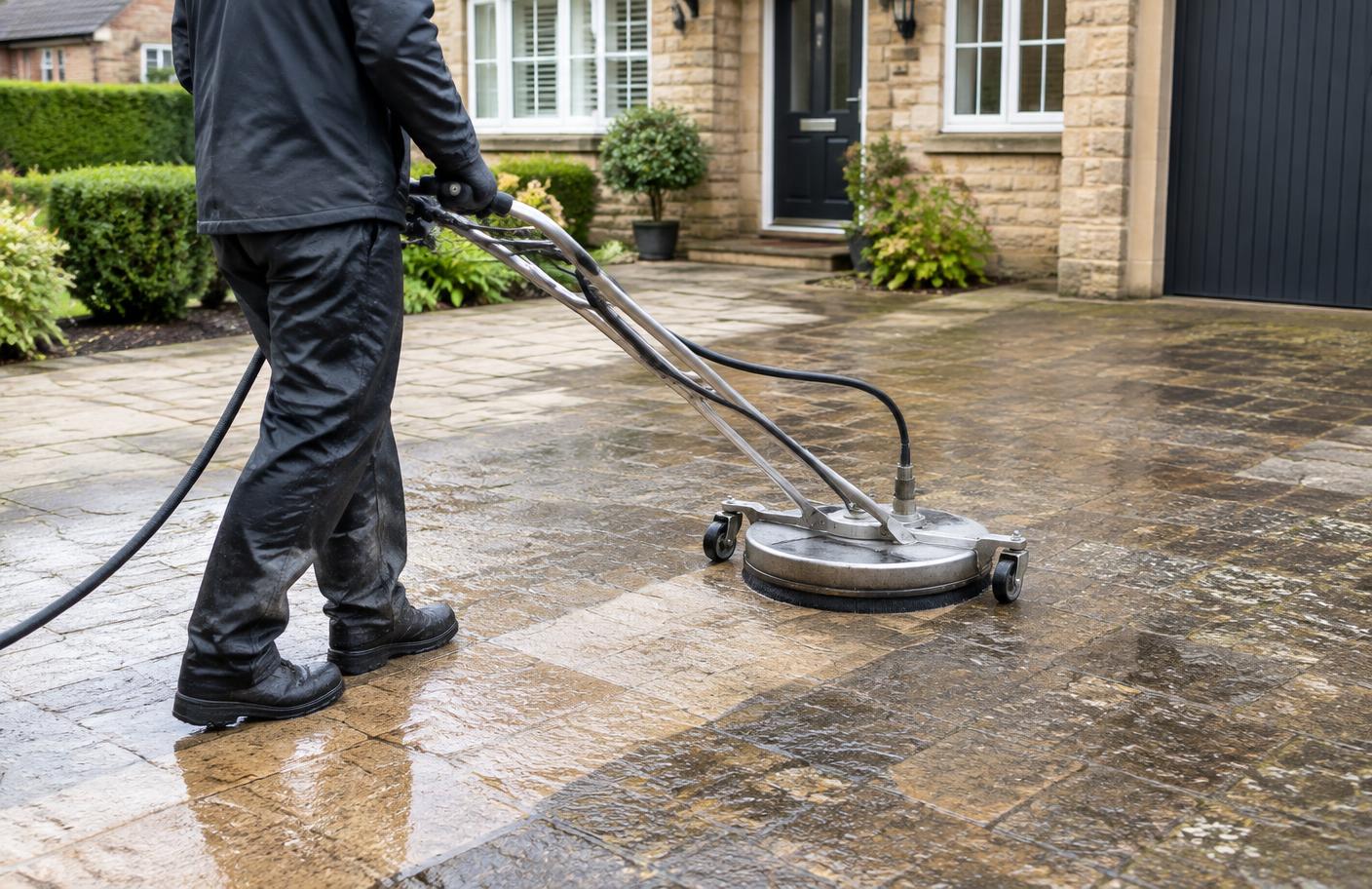 Pressure washing professional cleaning a stone driveway