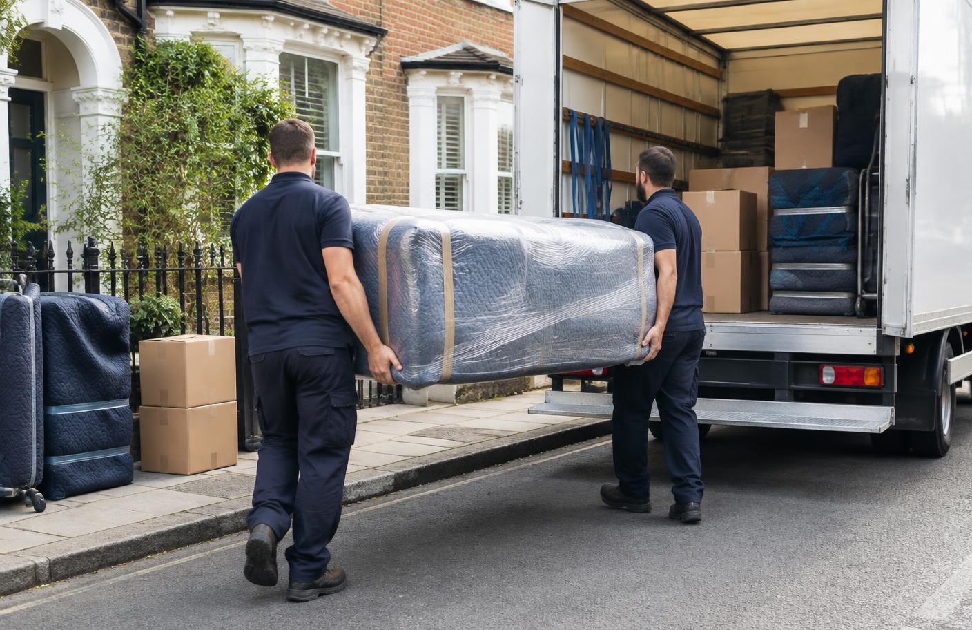 Removal team loading protected furniture into a van