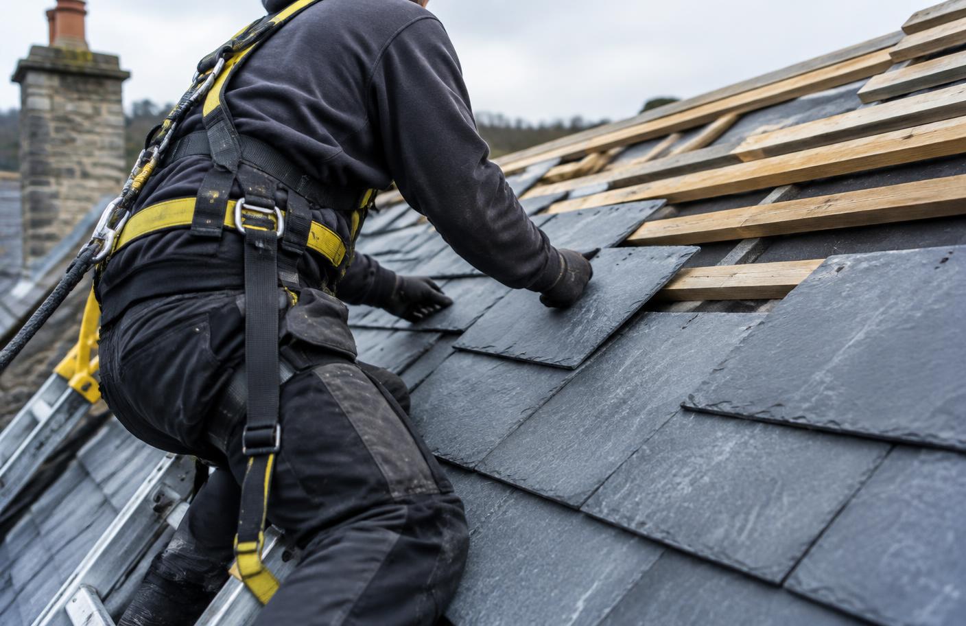 Roofer safely fitting slate tiles to a pitched roof