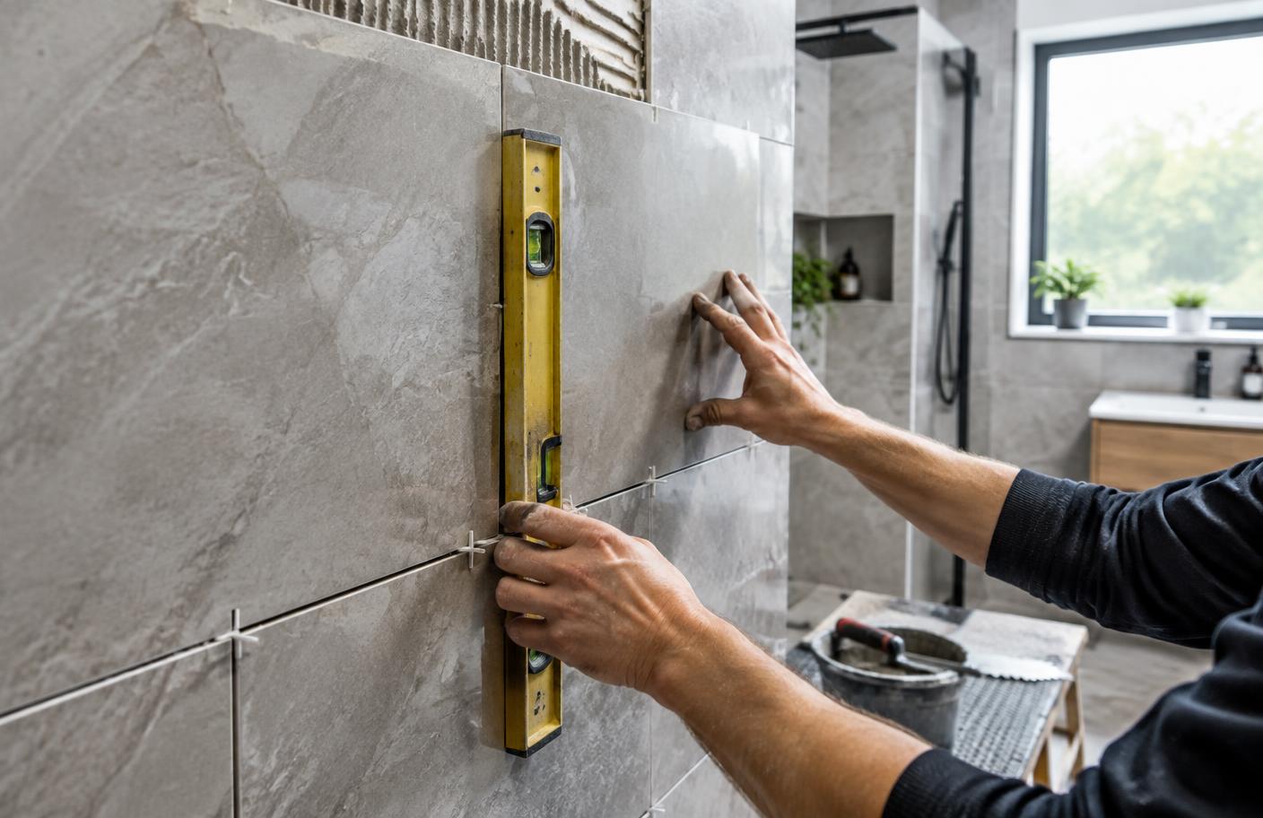 Tiler aligning large-format bathroom tiles