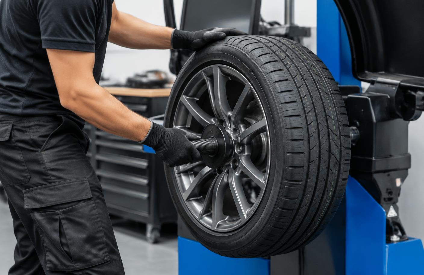 Tyre fitter mounting a wheel using workshop equipment