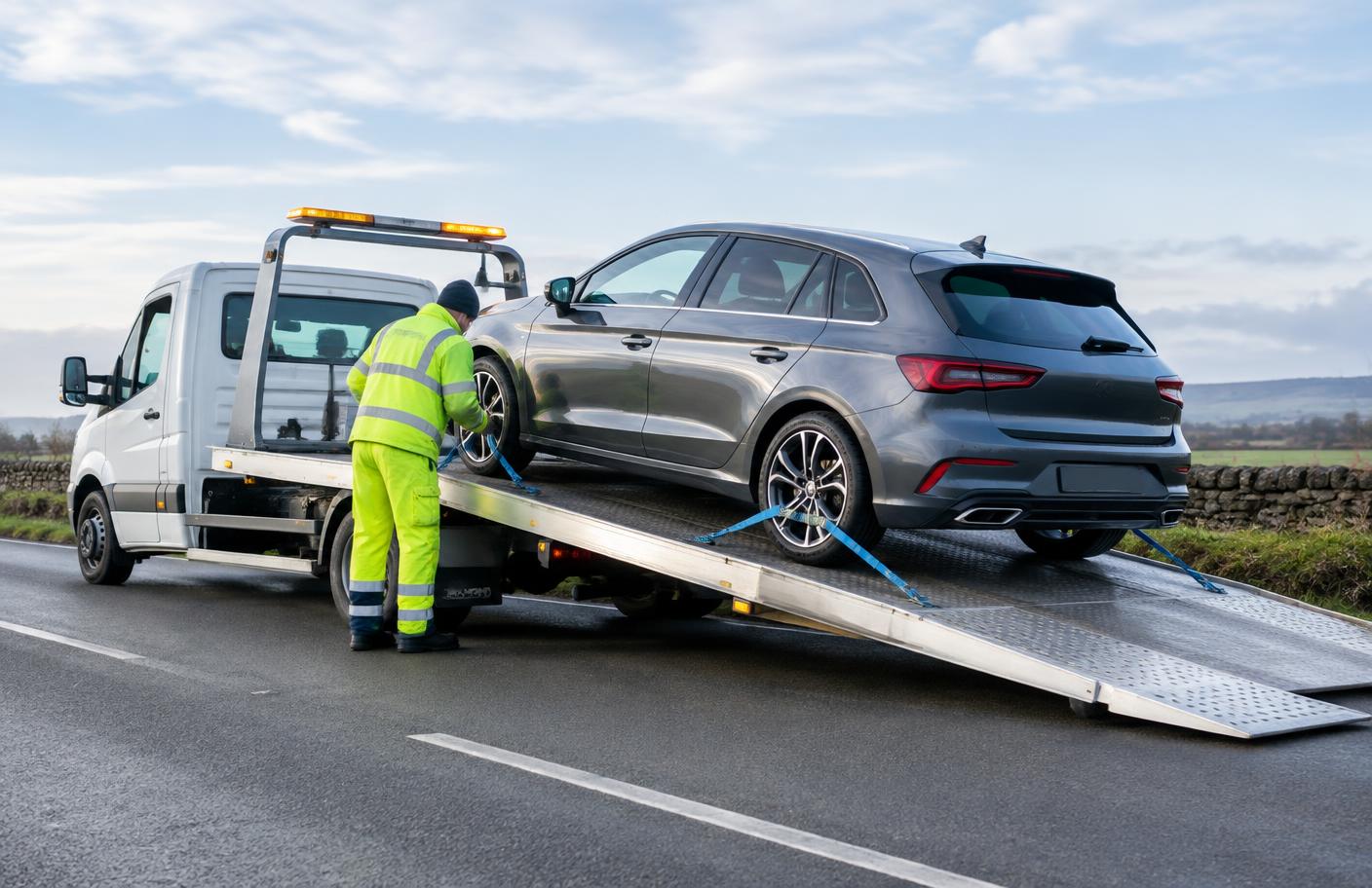 Vehicle recovery operator securing a car on a flatbed truck