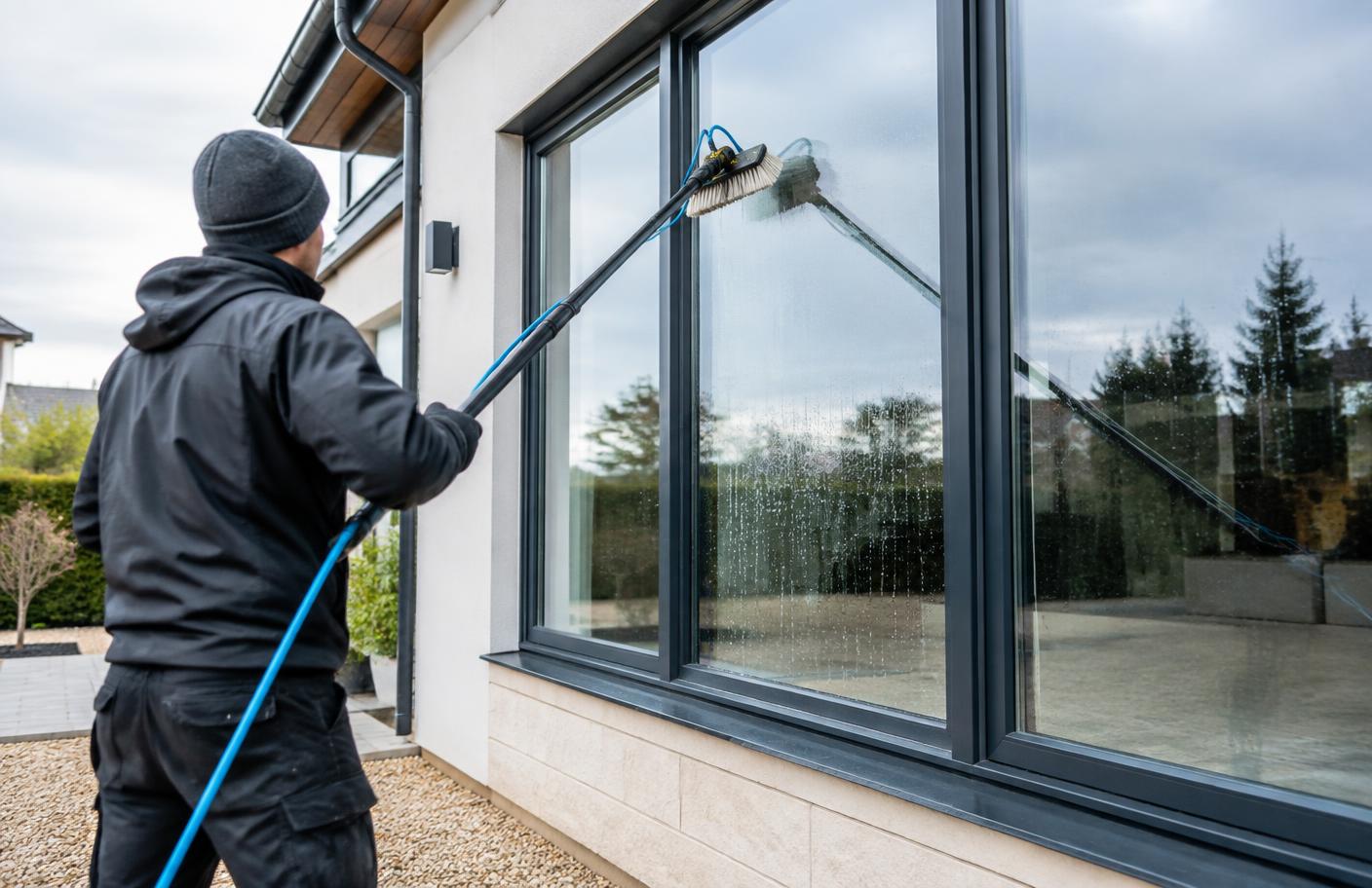 Window cleaner using a water-fed pole on a home